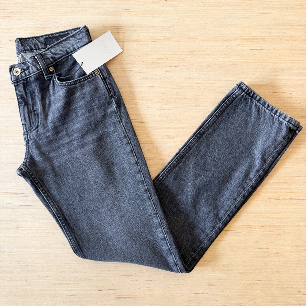 Zara Low Rise Straight Leg Full Length Charcoal Denim Jeans Size 4 - Picture 5 of 10